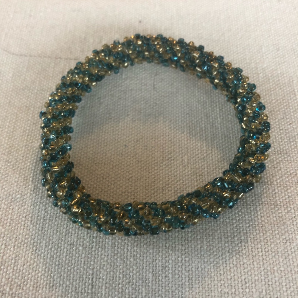 Handmade blue and gold beaded bangle